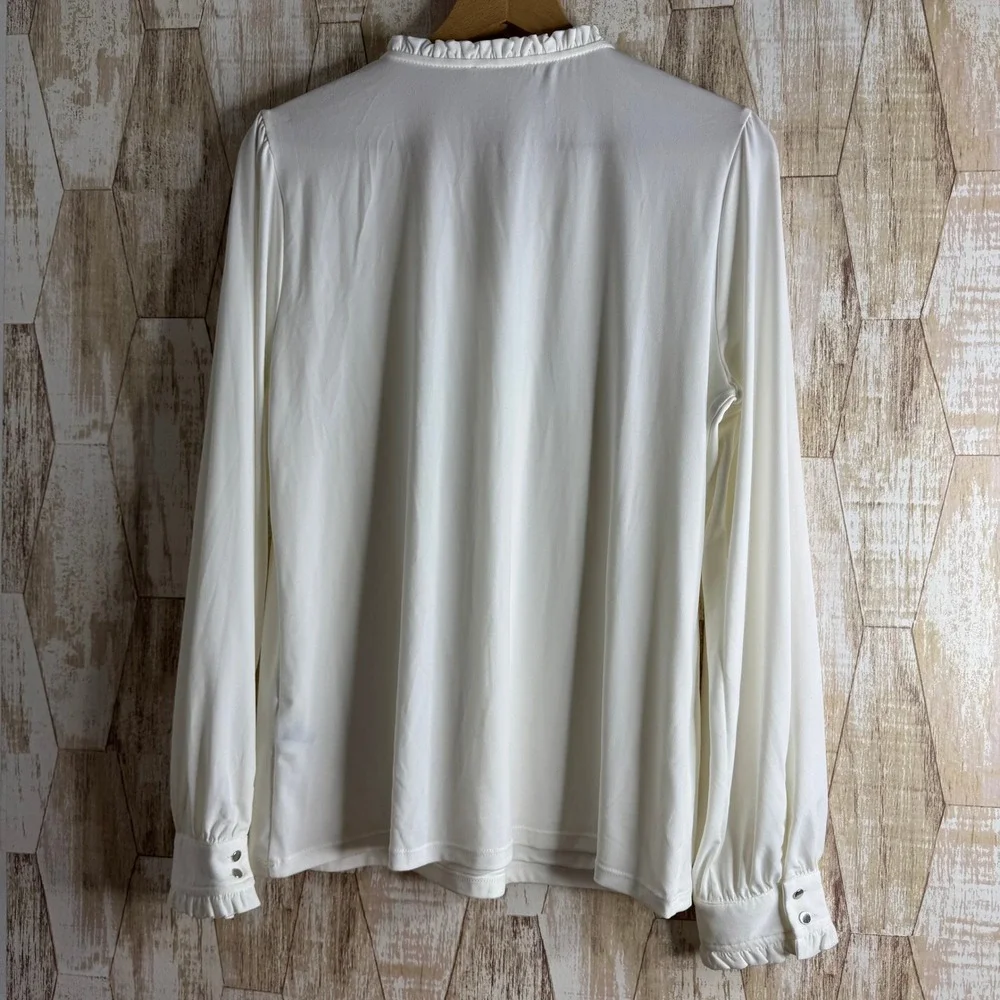 Calvin Klein Womens White Long Sleeve Ruffle Neck Tie Blouse Top Plus‎ Size L